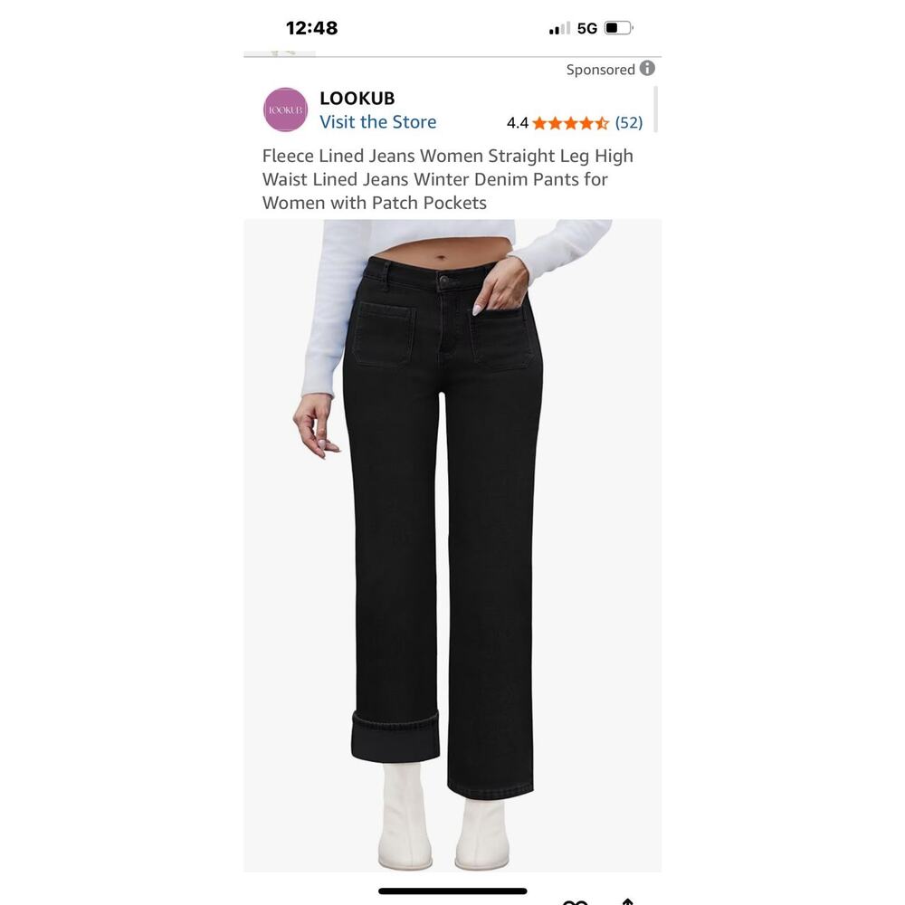 LOOKUB Women's High Waisted Straight Leg Fleece Lined Black Size 10 Patch Pocket